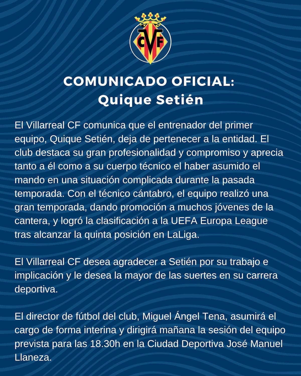 El comunicado con que el Villarreal anunció el despido de Quique Setién.