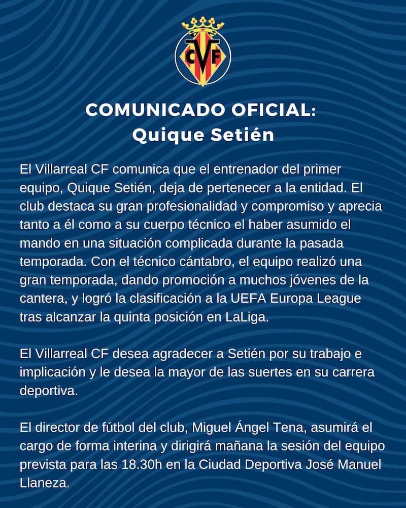 El comunicado con que el Villarreal anunció el despido de Quique Setién.