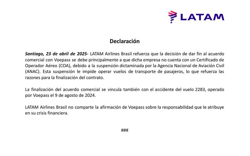 Latam se refirió a compleja situación con Voepass.