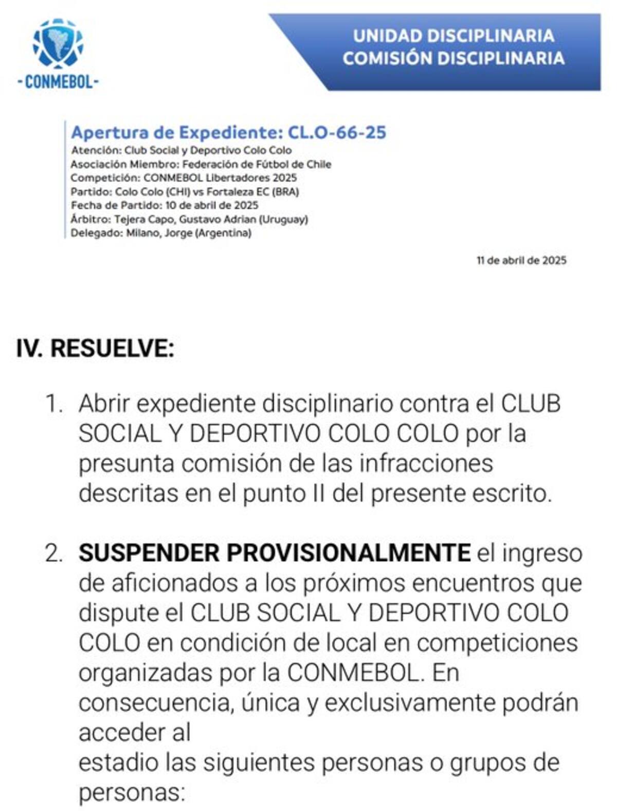 El ente rector del fútbol sudamericano castigó a Colo Colo