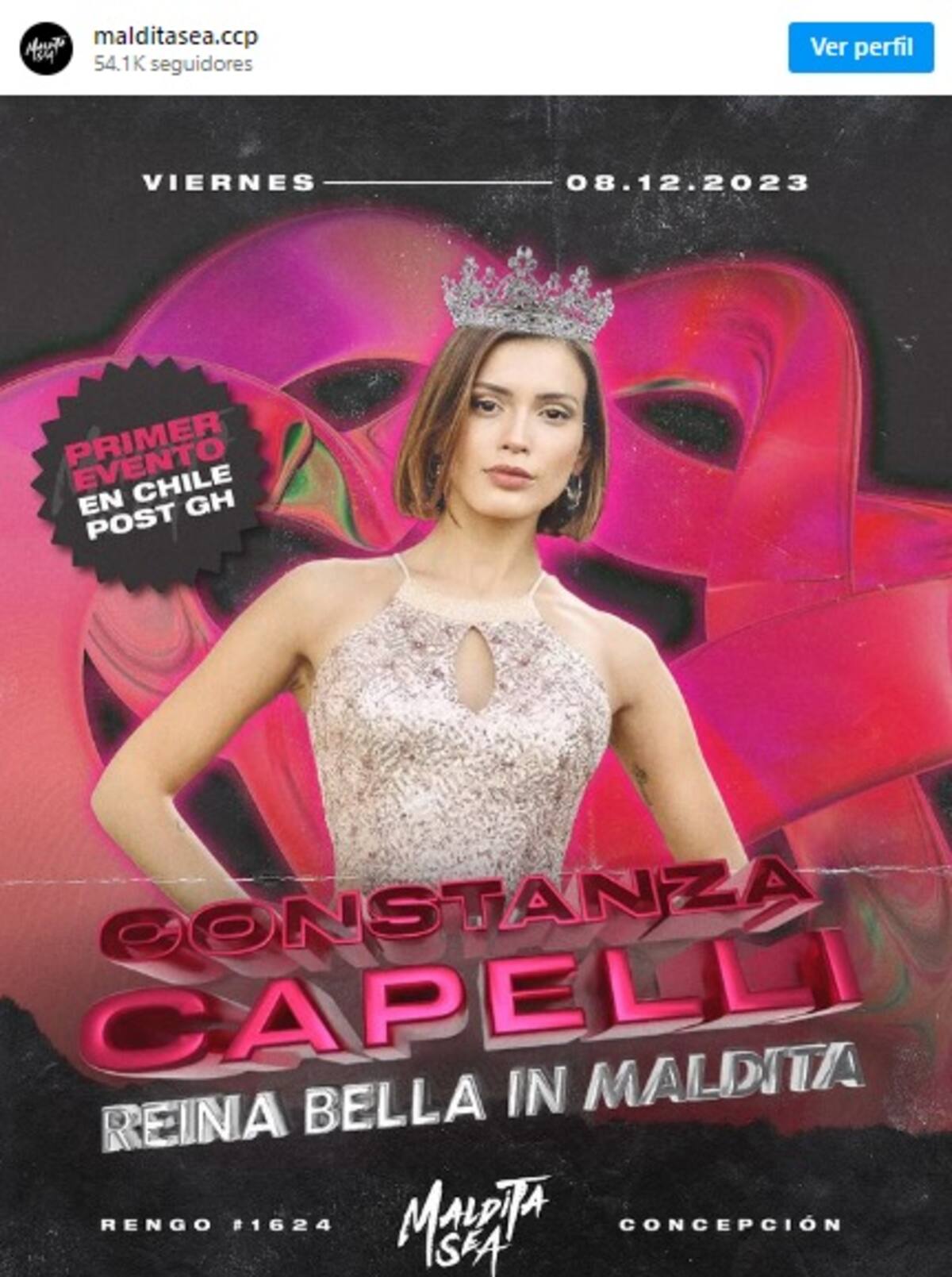 El afiche que promocionaba el primer evento de Constanza Capelli tras su salida de "Gran Hermano" Chile