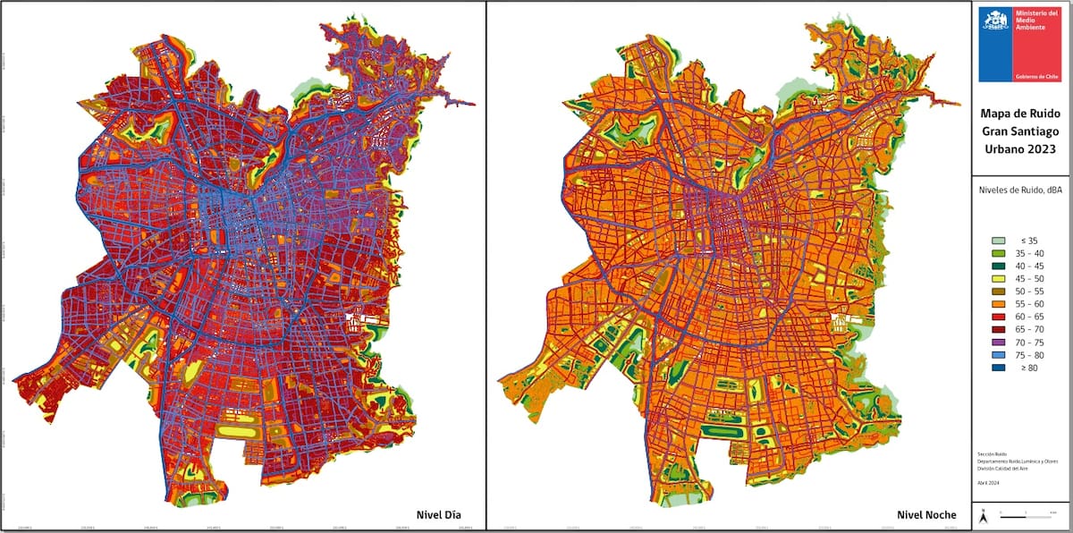 Mapa de ruido hecho por el Ministerio del Medio Ambiente. Los colores más oscuros representan mayor bullicio.
