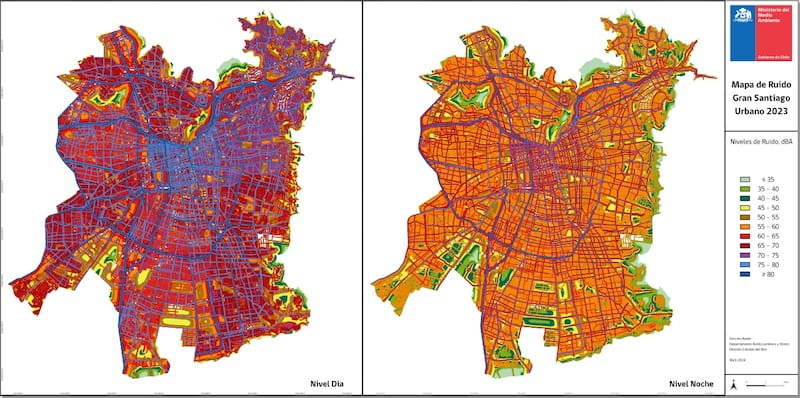 Mapa de ruido hecho por el Ministerio del Medio Ambiente. Los colores más oscuros representan mayor bullicio.