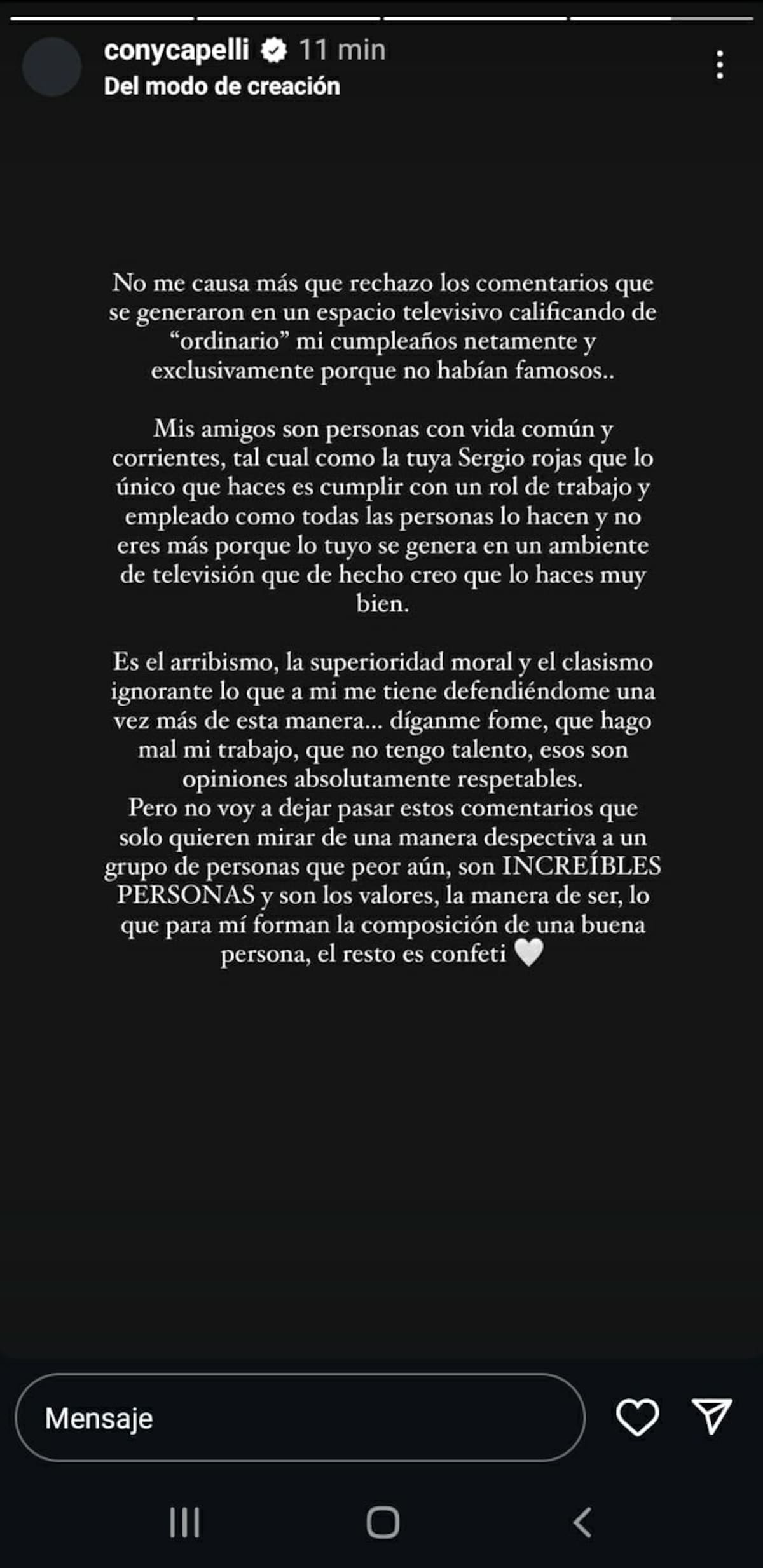 La panelista de Plan Perfecto haciendo una declaración en sus historias de Instagram.