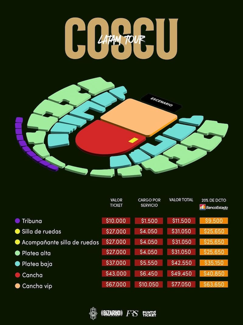 Precios y ubicaciones del concierto en Chile.