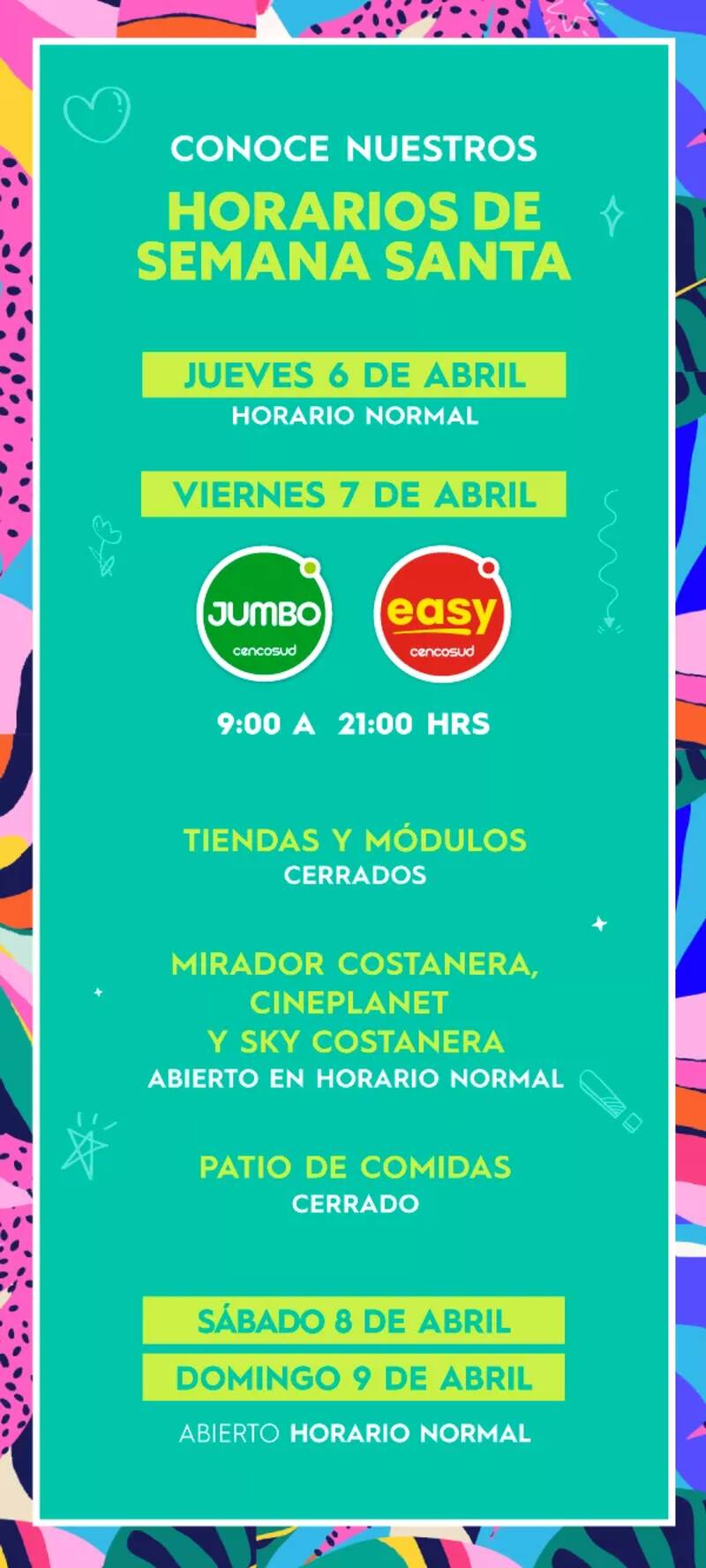 Así funcionará Costanera Center en Semana Santa. Captura: Costanera Center