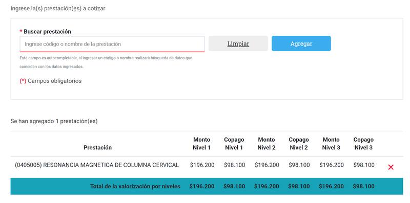 Para cotizar el Bono Fonasa Modalidad Libre Elección puedes insertar el nombre de la prestación que buscas directamente y el sistema te dará la lista de opciones.