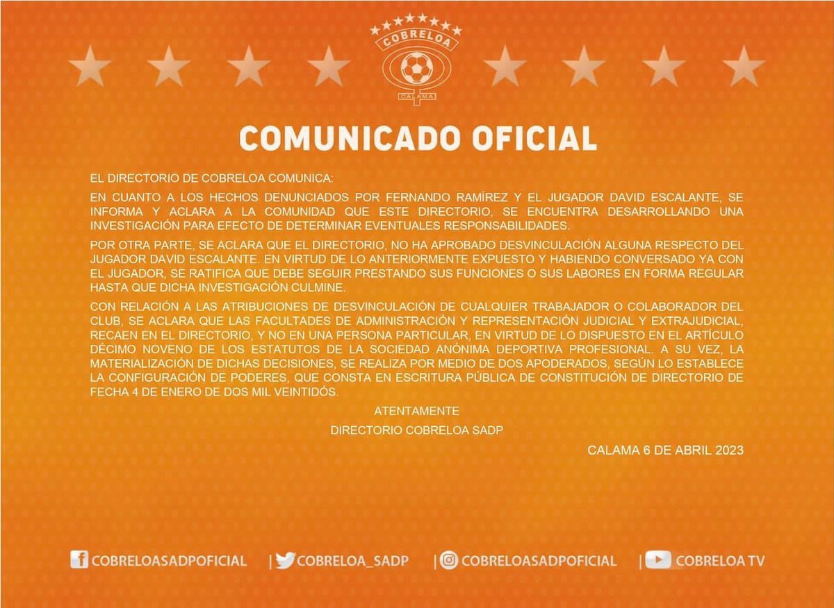 Este fue el comunicado que emitió Cobreloa sobre la situación de David Escalante.