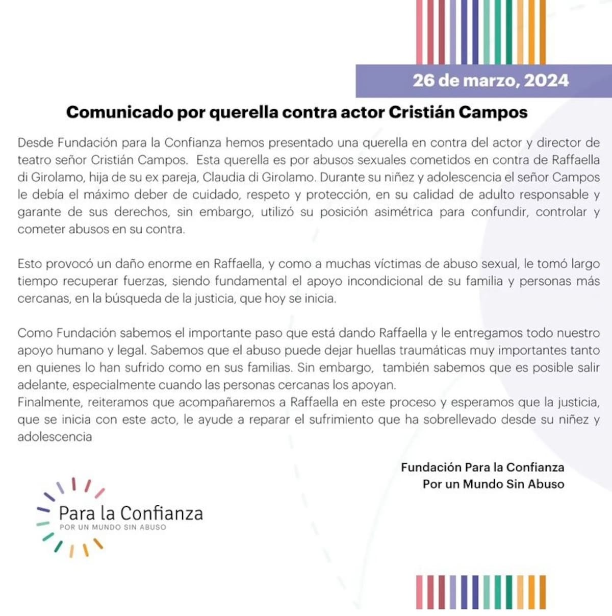 El comunicado de Fundación Para La Confianza sobre la querella en contra Cristián Campos.