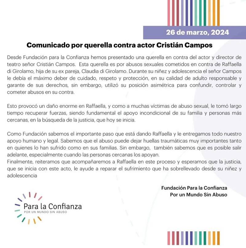 El comunicado de Fundación Para La Confianza sobre la querella en contra Cristián Campos.