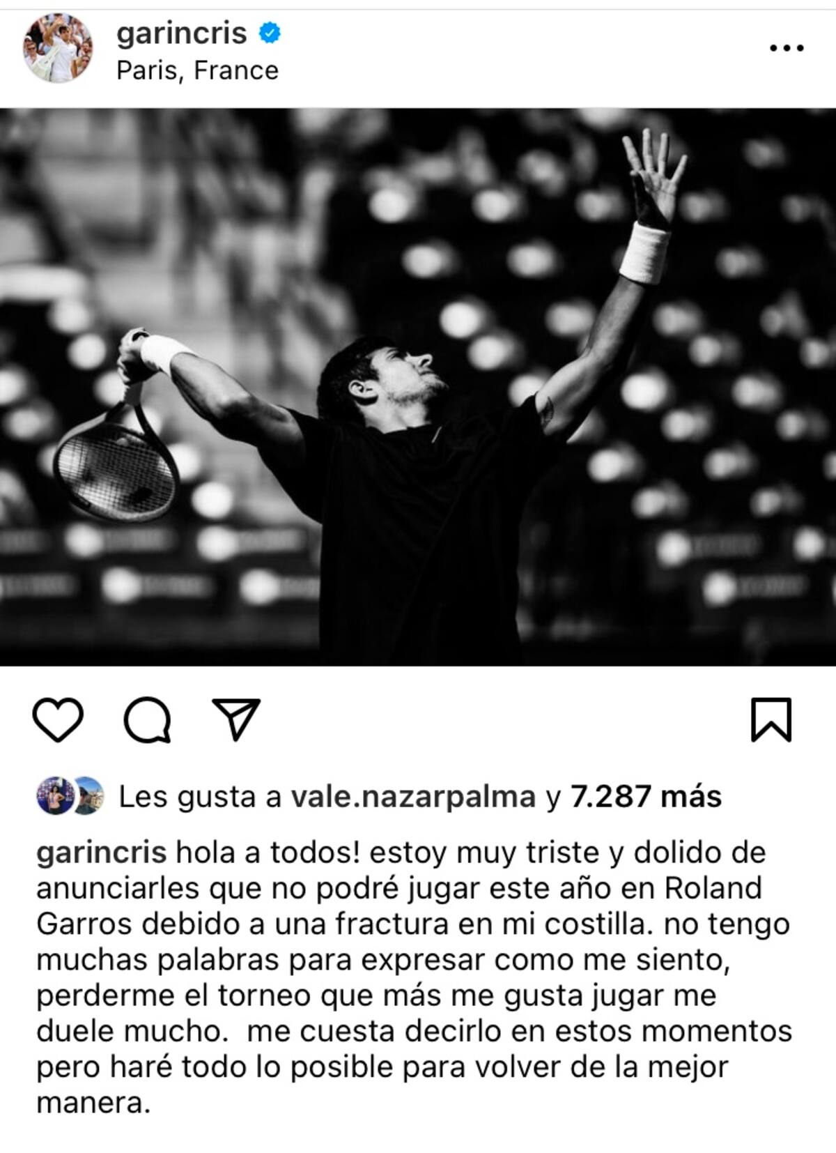 La confirmación de Cristian Garin: se baja de Roland Garros.