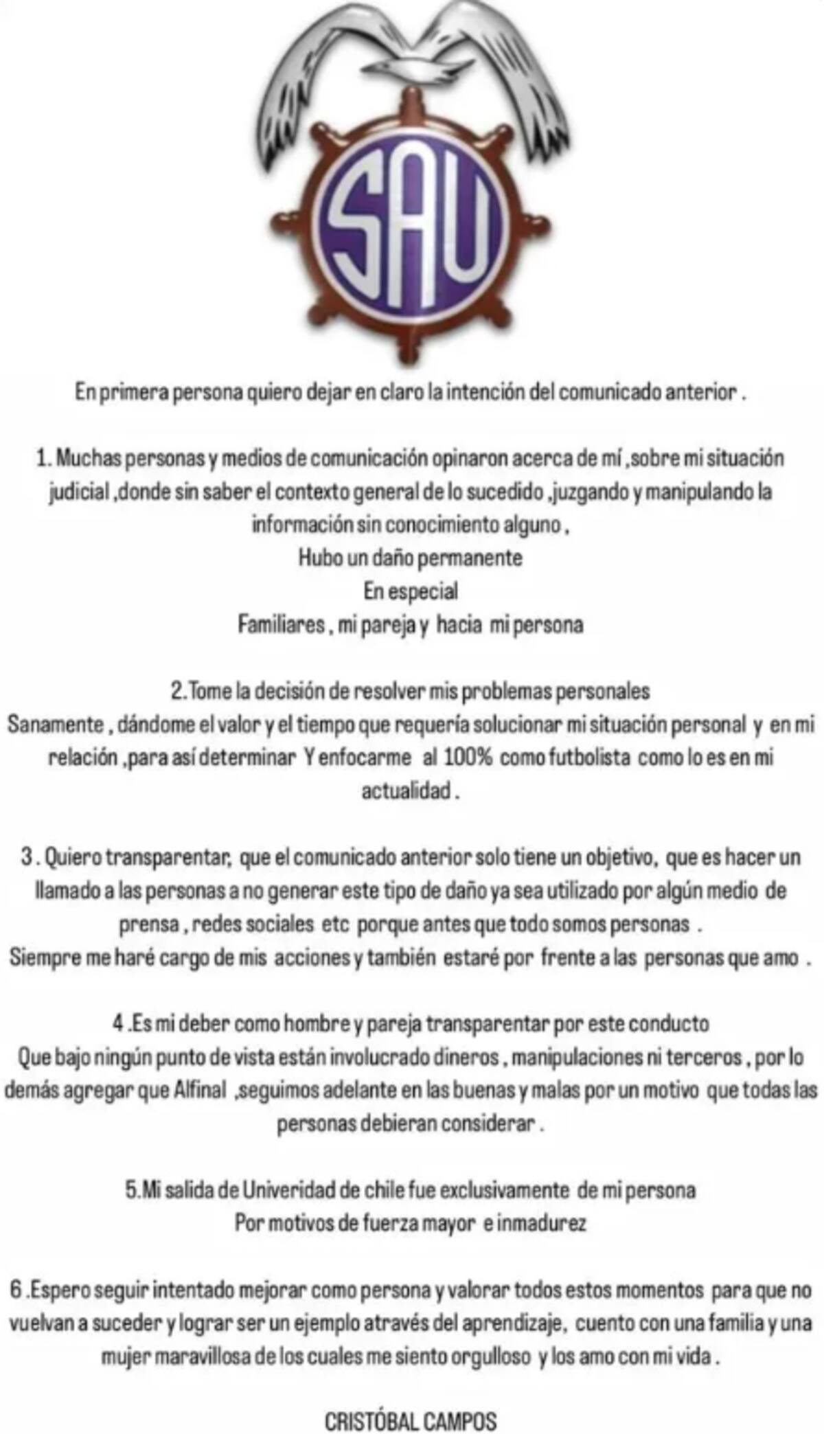 El comunicado que sacó Cristóbal Campos a través del Instagram del SAU