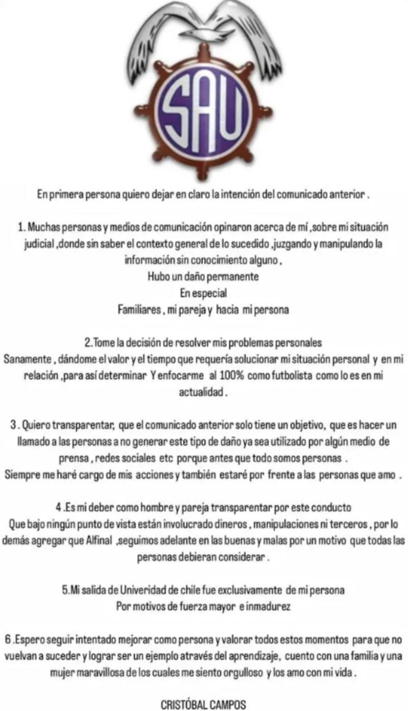 El comunicado que sacó Cristóbal Campos a través del Instagram del SAU