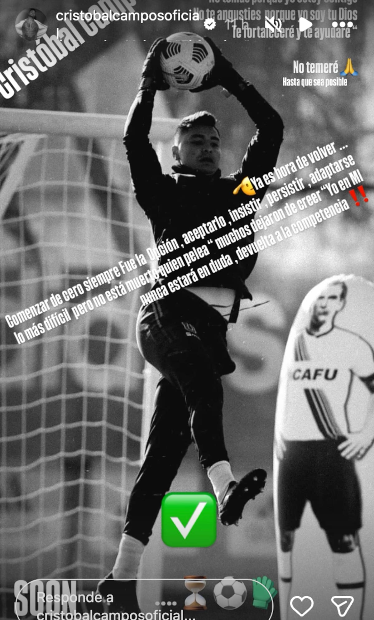 El posteo donde el arquero confirmó que regresa al fútbol competitivo. Foto: Instagram @cristobalcamposoficial