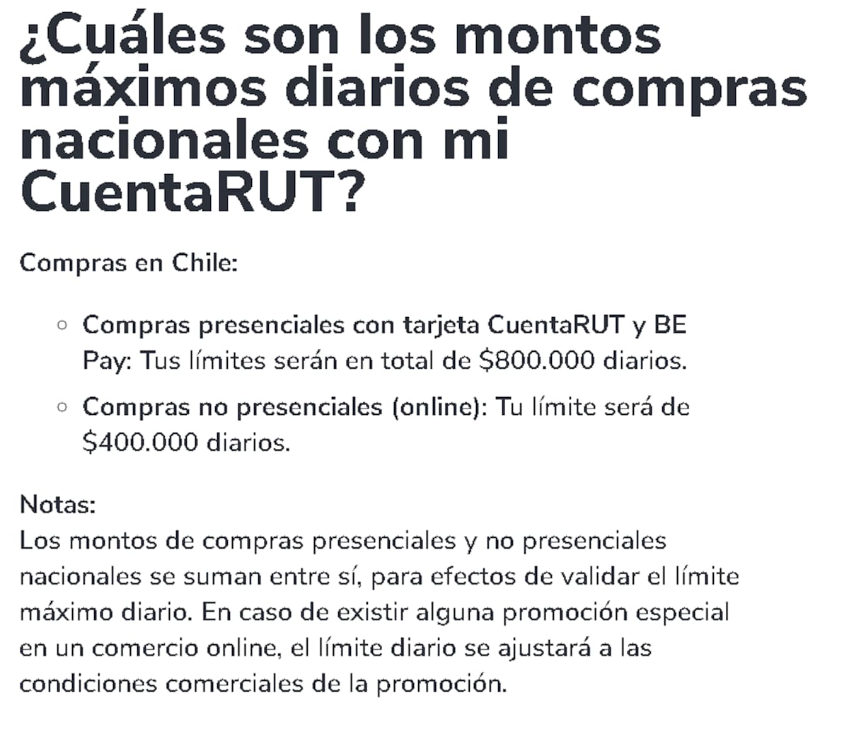 Información de Banco Estado respecto a los límites diarios.