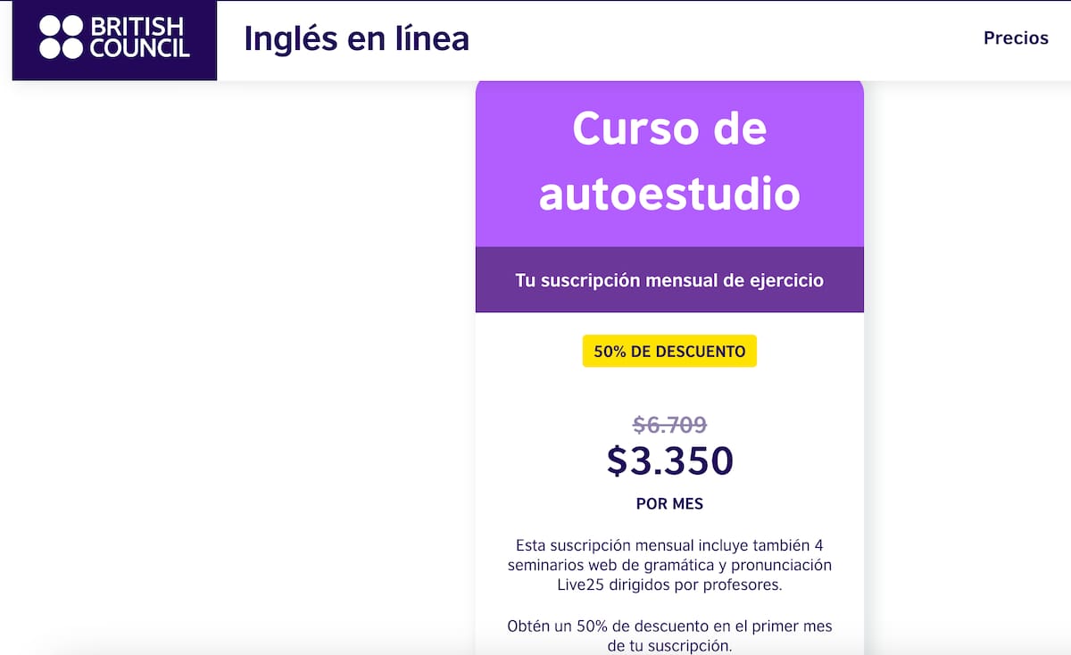British Council tiene este curso de inglés de autoestudio por $6.709 pesos al mes con descuento de 50% el primer mes.
