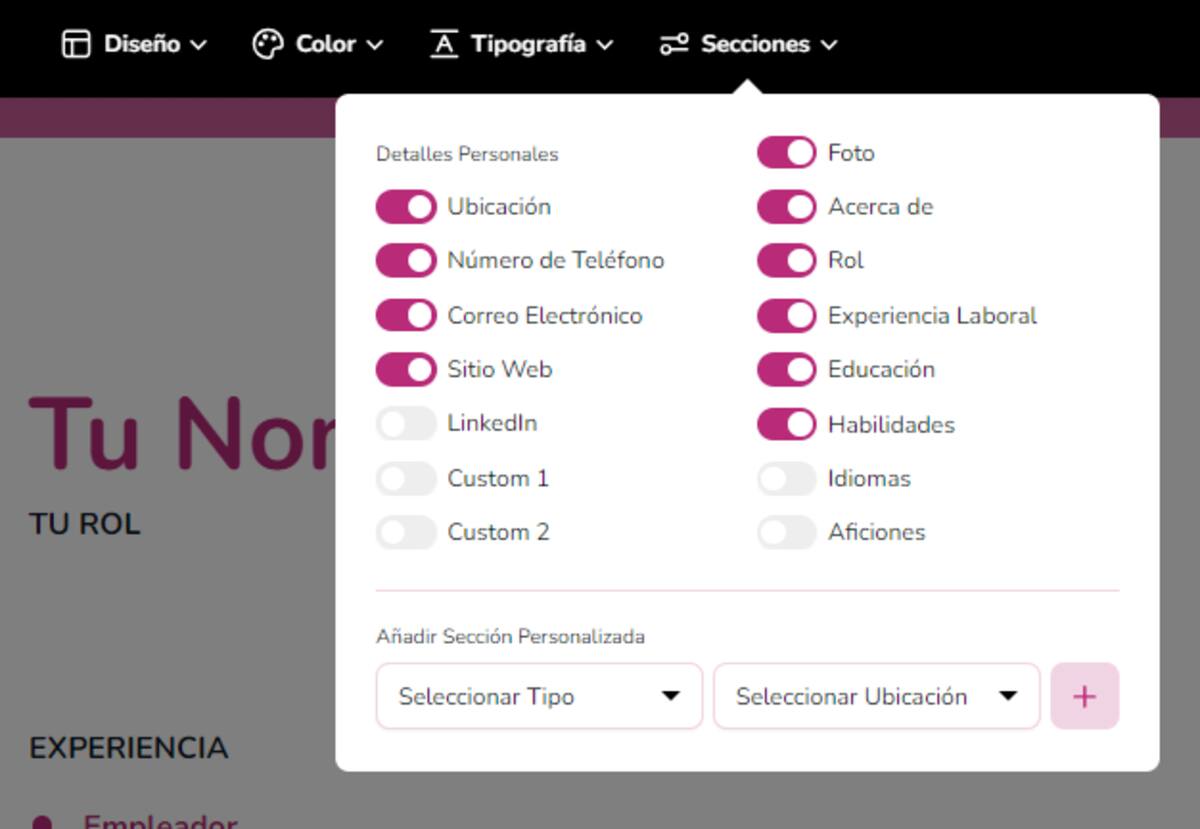 Podrás añadir distintas secciones para mostrar tus distintas habilidades.