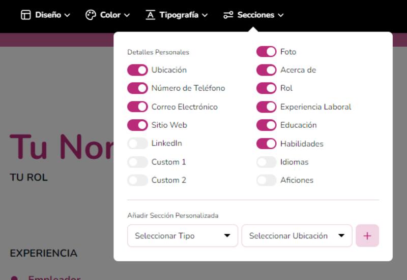 Podrás añadir distintas secciones para mostrar tus distintas habilidades.