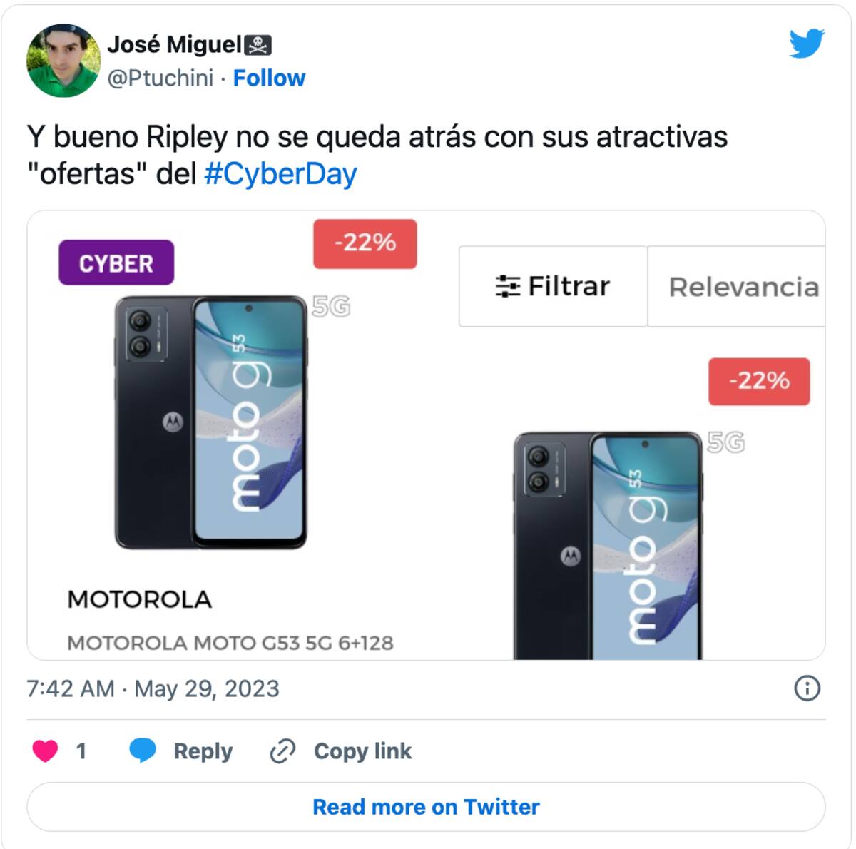 Este usuario se quejó por el precio de un teléfono Motorola en el Cyberday 2023.