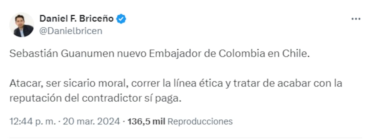 Daniel Briceño, concejal de Bogotá criticando la elección de Sebastián Guanumen como embajador.