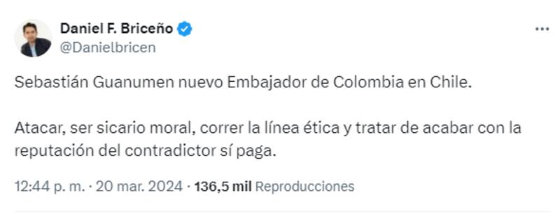 Daniel Briceño, concejal de Bogotá criticando la elección de Sebastián Guanumen como embajador.
