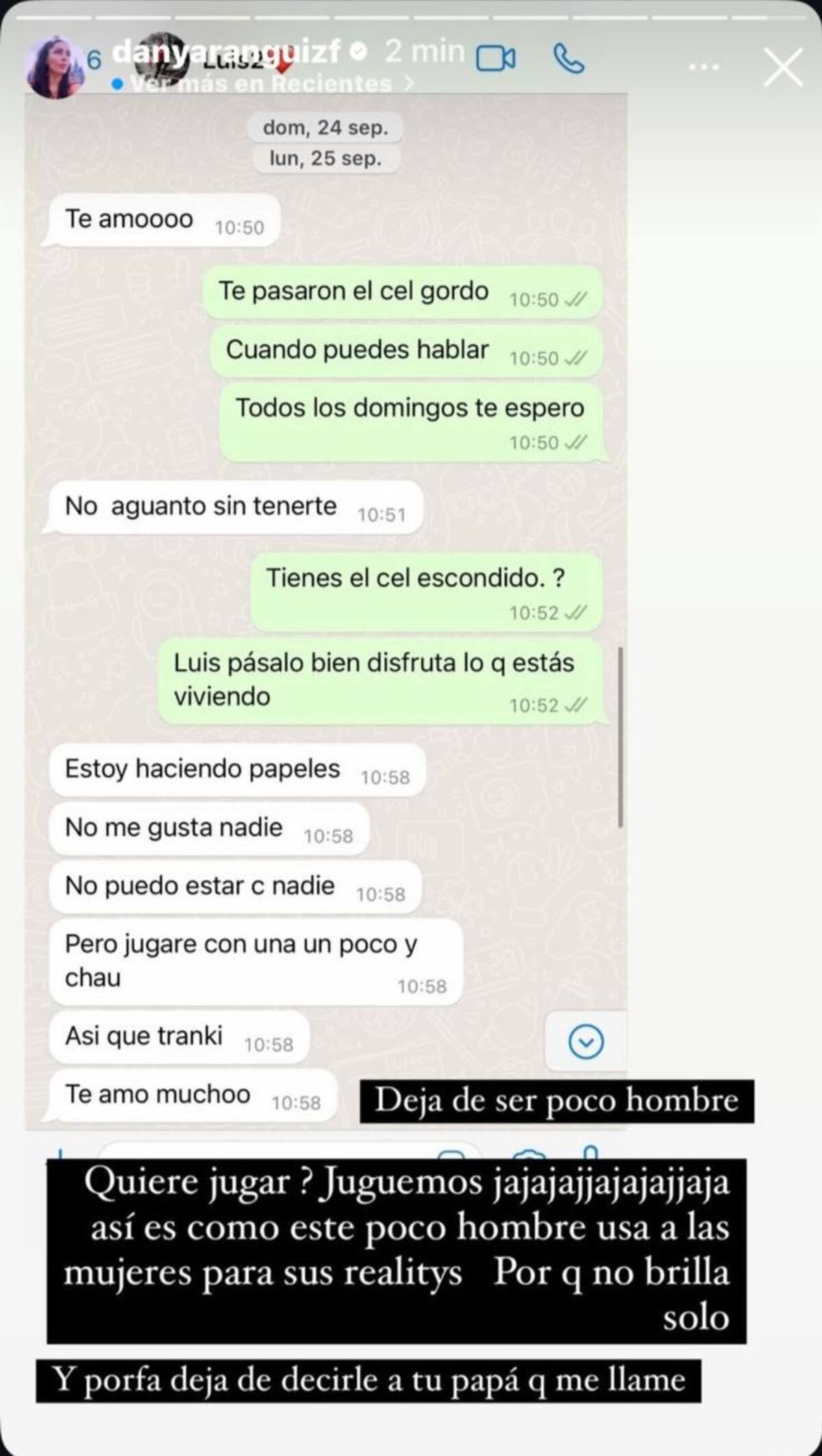 Daniela Aránguiz motró un pantallazo de un chat de ella con Luis Mateucci.