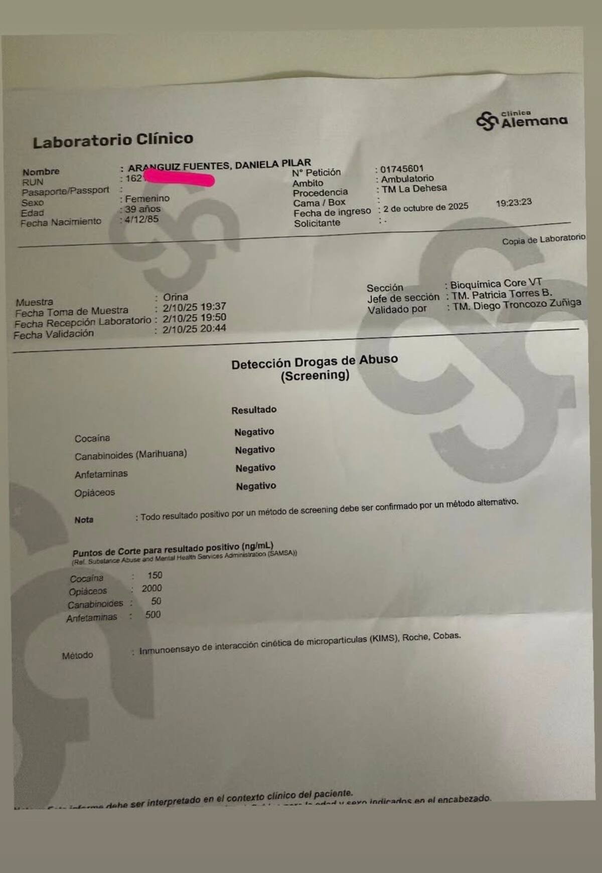 La comunicadora compartió test de drogas.