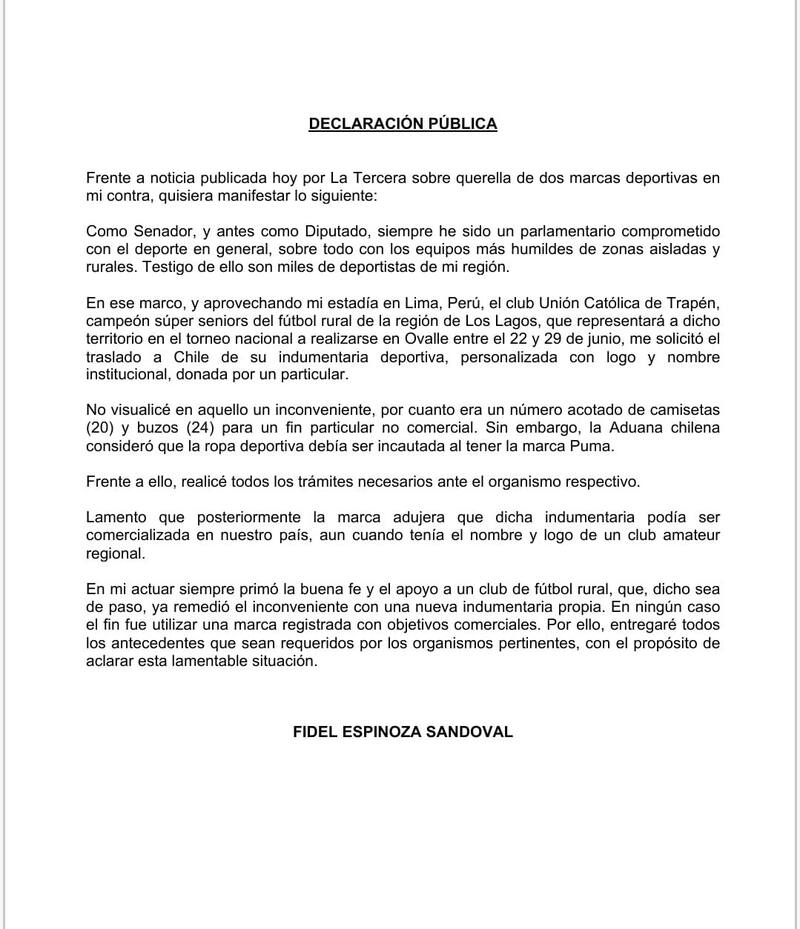 Comunicado de Fidel Espinoza.