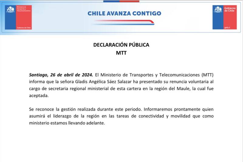 Con este comunicado se informó de la renuncia de la actual seremi de transportes del Maule, Gladys Sáez.