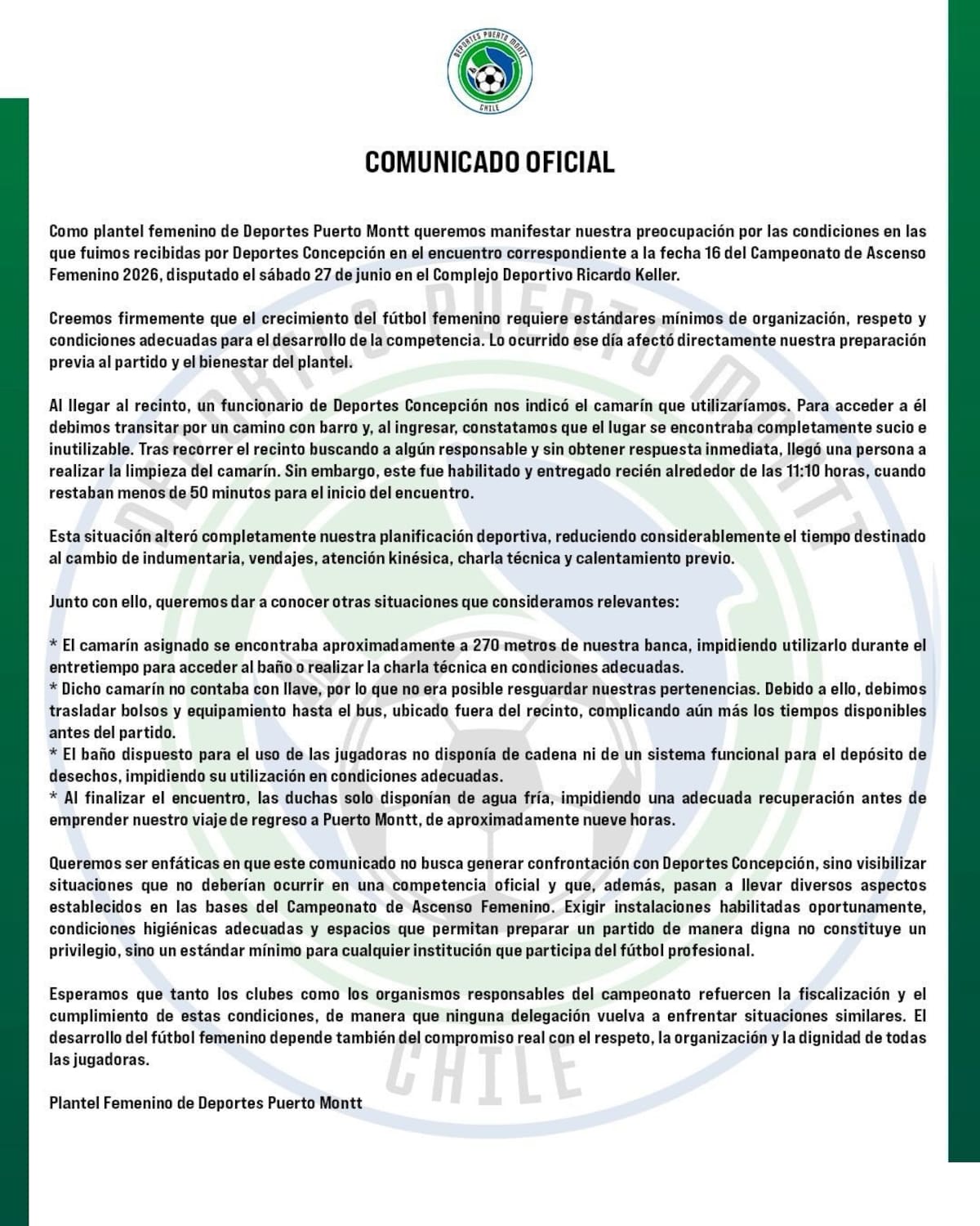 El club recibió dura denuncia por Puerto Montt.