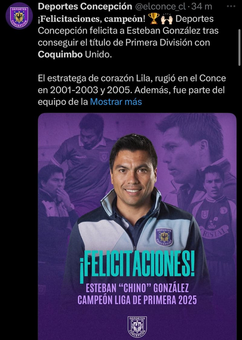 Los LIlas recordaron el paso de Esteban González por el club tras el título de Coquimbo Unido. Foto: Deportes Concepción en X.
