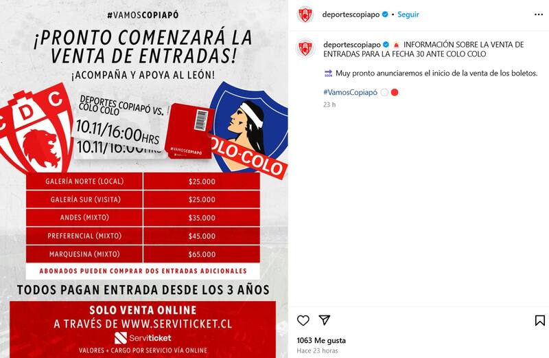 Deportes Copiapó anunció la venta de entradas contra Colo Colo en Instagram