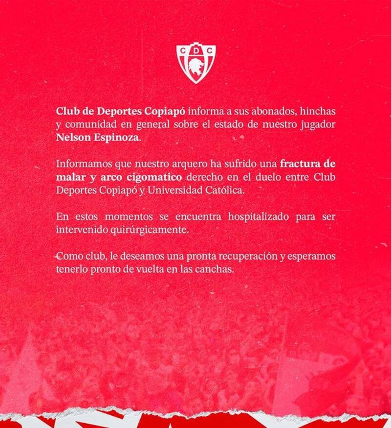 Deportes Copiapó confirmó la grave fractura que sufrió Nelson Espinoza.