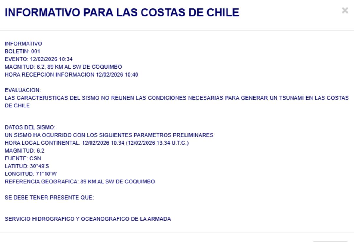 Según la entidad, el movimiento telúrico no reúne las características para desatar el evento en las costas de nuestro país. Créditos: SHOA.