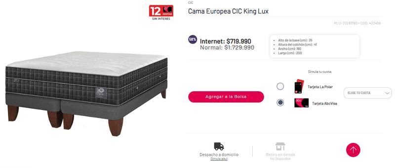 Esta es la cama king en oferta en Abcdin.