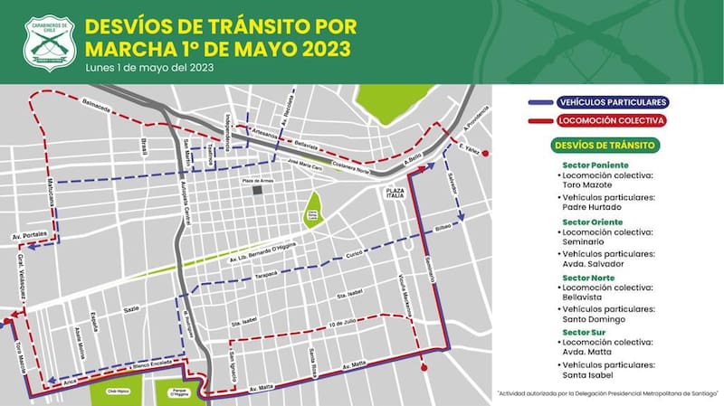 Estos son todos los desvíos de tránsito en el centro de Santiago. Créditos: Carabineros.