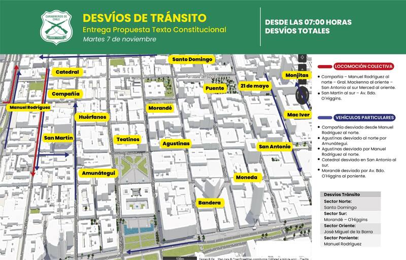 Estos son los desvíos de tránsito que informó Carabineros para este martes 7 de noviembre.