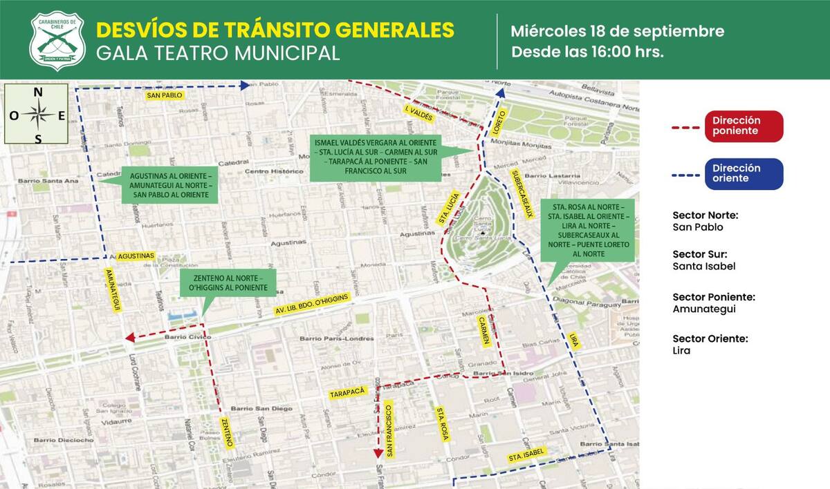 Desvíos de tránsito en Santiago por gala presidencial.
