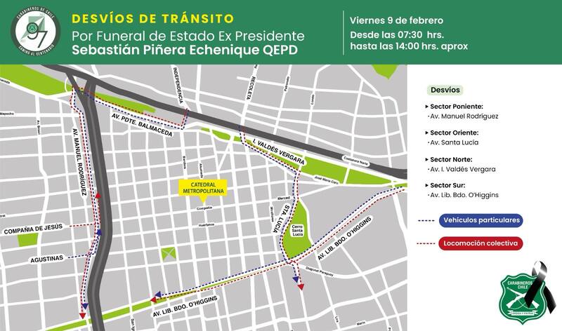 se producirán toda la mañana de este viernes 9 de febrero por el funeral del expresidente Sebastián Piñera. Foto: Carabineros de Chile.