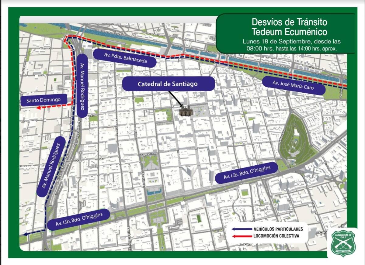 Estos son los desvíos de tránsito por el Te Deum 2023. Imagen: Carabineros