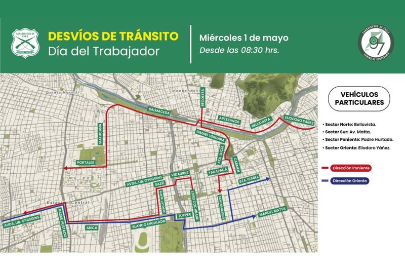 Este será el mapa de desvíos del tránsito para vehículos particulares este 01 de mayo.