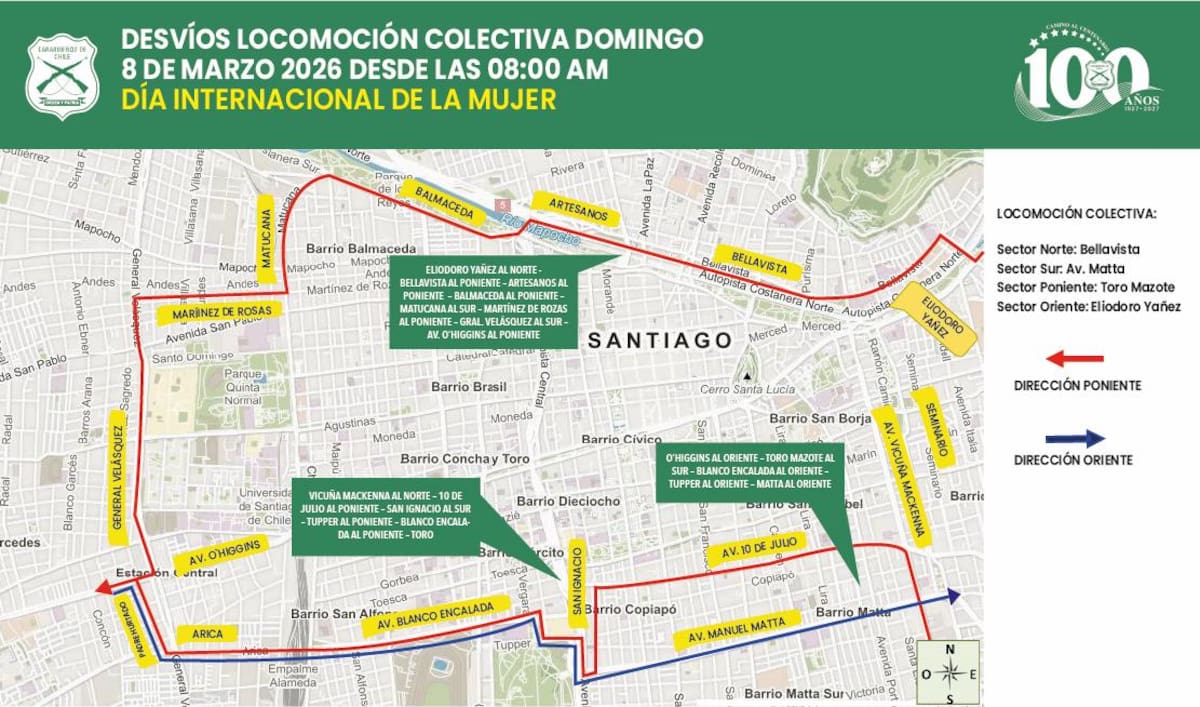 Así funcionarán los recorridos de los buses y taxis a contar de las 08:00 horas de este domingo 8 de marzo. Foto: Carabineros de Chile.