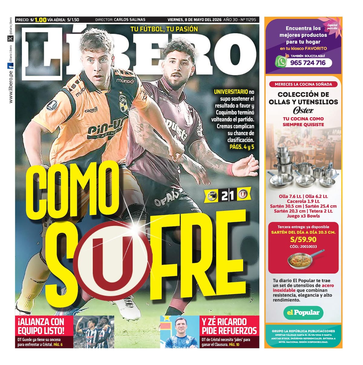 El principal medio deportivo peruano le dedicó la portada de hoy al triunfo de Coquimbo Unido ante Universitario.