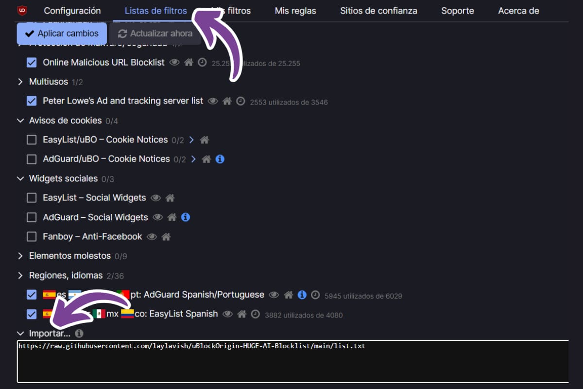 Tendrás que pegar los enlaces en “Importar” para añadirlos a la lista de filtros de uBlock Origin.
