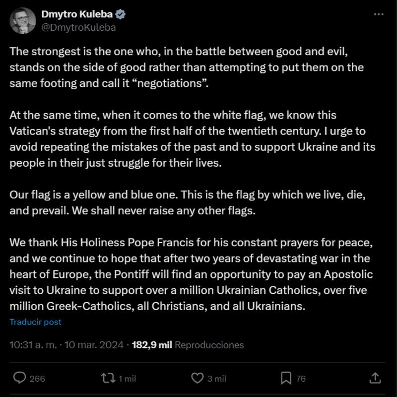 El ministro de Relaciones Exteriores de Ucrania, Dmytro Kuleba, en X.