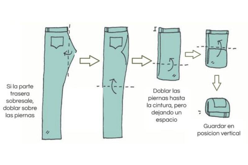Así debes doblar tus pantalones para que ocupen menos espacio ya sea en tu maleta o en el closet. Créditos: Pinterest.