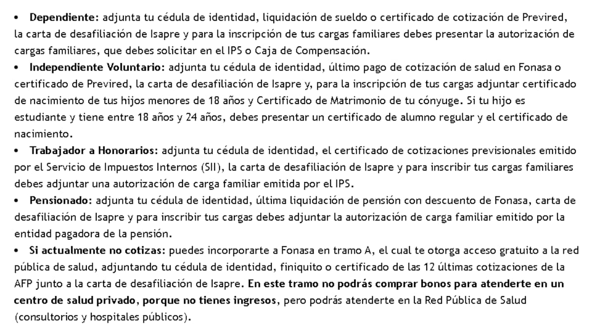 Documentos para afiliarse a Fonasa.