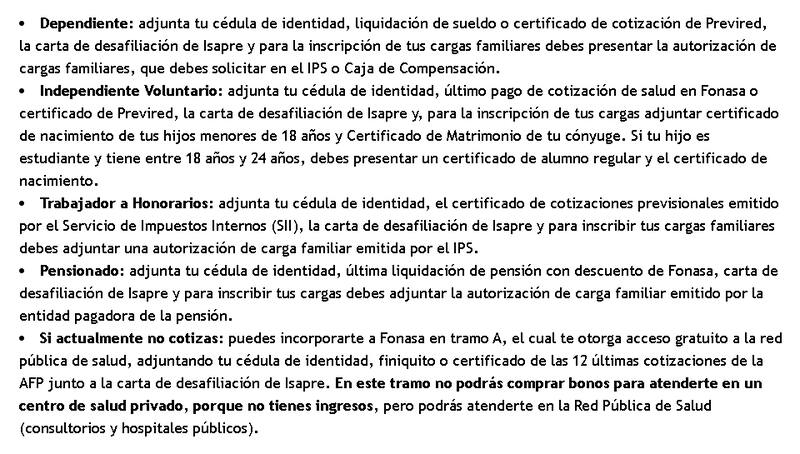 Documentos para afiliarse a Fonasa.