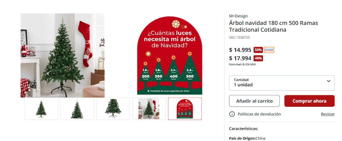 Este árbol de Navidad está con un imperdible descuento para todos quienes lo compren por internet. Foto: Sitio web de Easy.