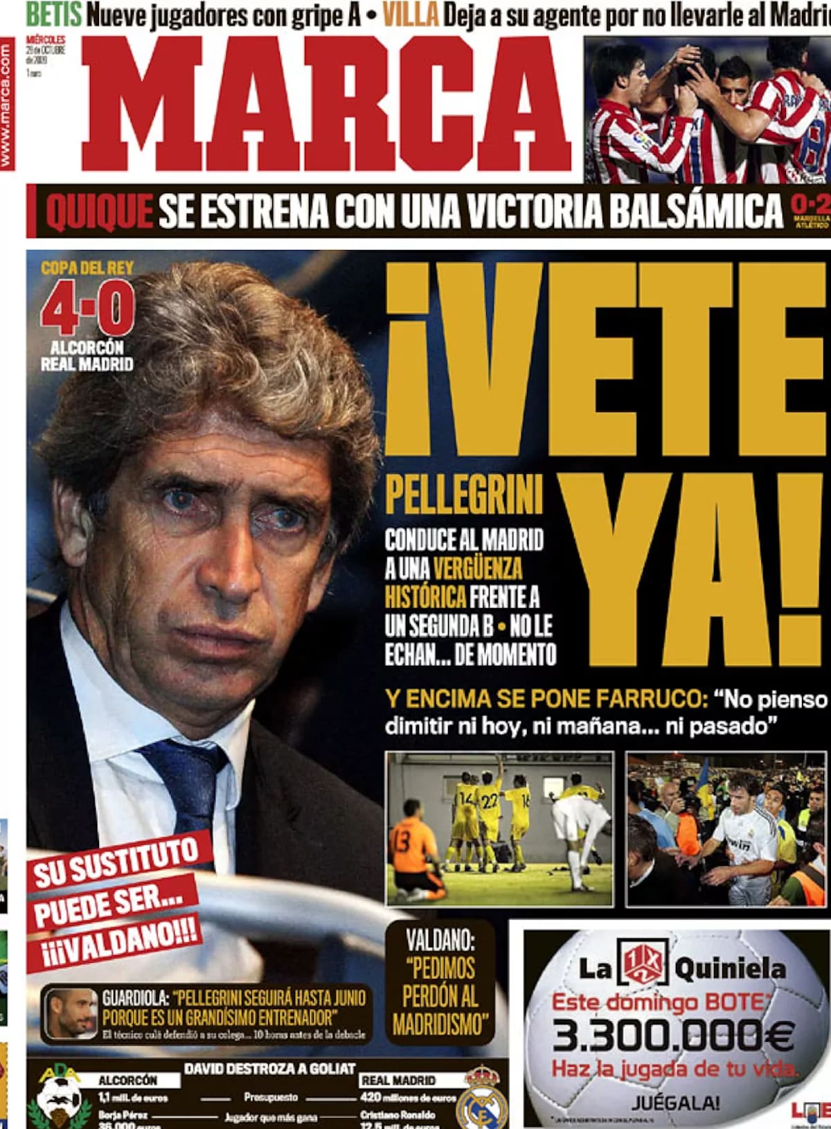 La inolvidable portada de Marca, tras uno de los mayores fracasos del Real Madrid, con Manuel Pellegrini como DT. Foto: Marca.